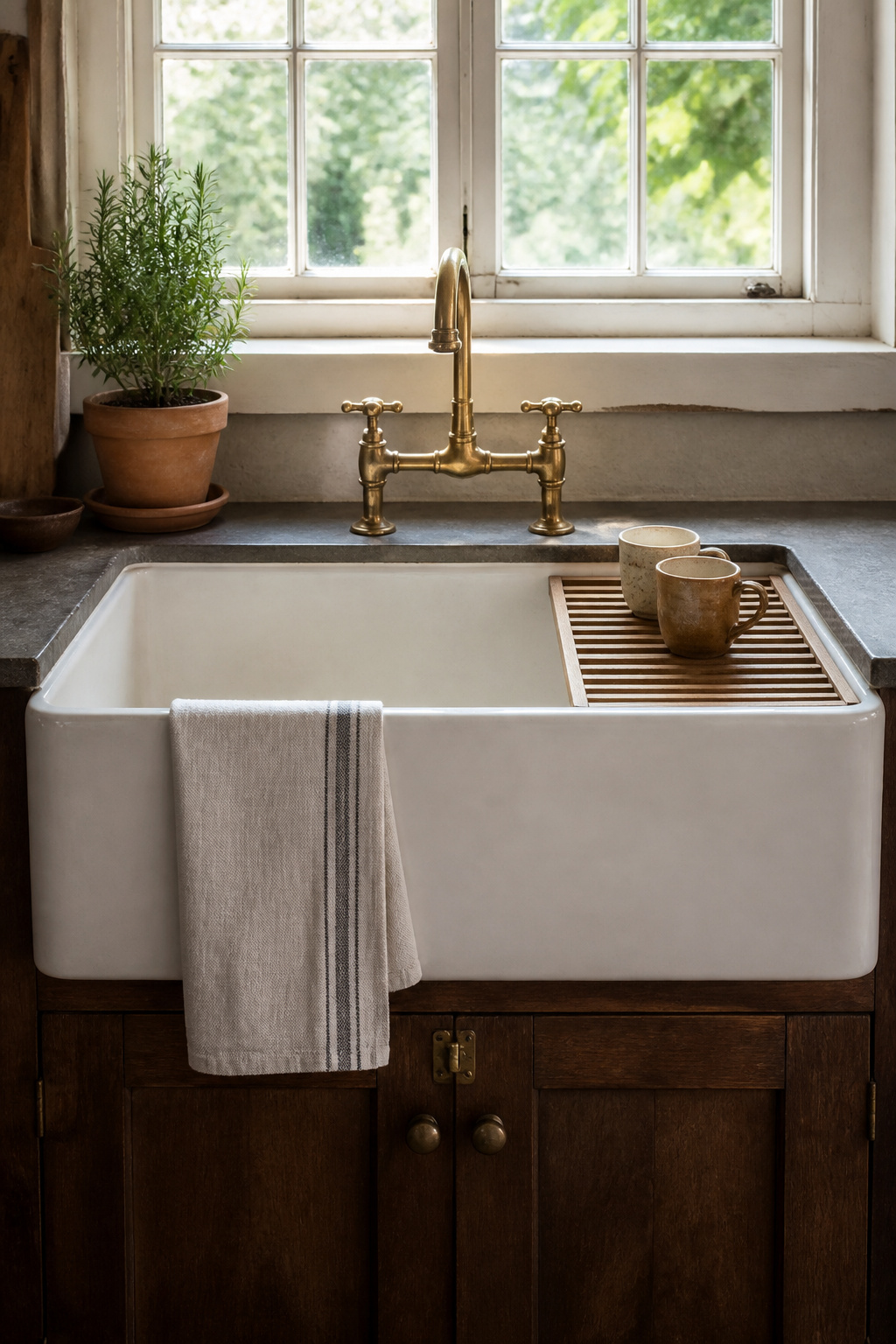 The apron-front sink earns its status as the rustic kitchen's anchor piece — it solves a practical problem while grounding the room with a presence no standard sink achieves.