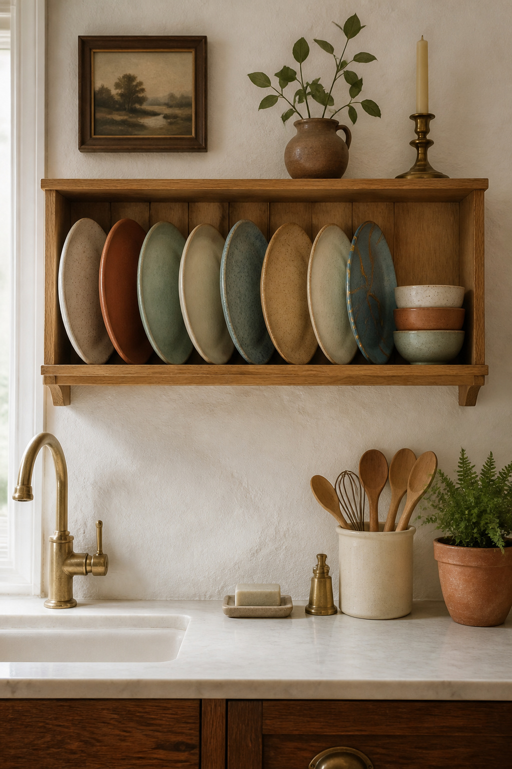 A plate rack of collected earthenware tells the story of a kitchen built over time — no single-source set could replicate the warmth of pieces gathered from different makers and markets.