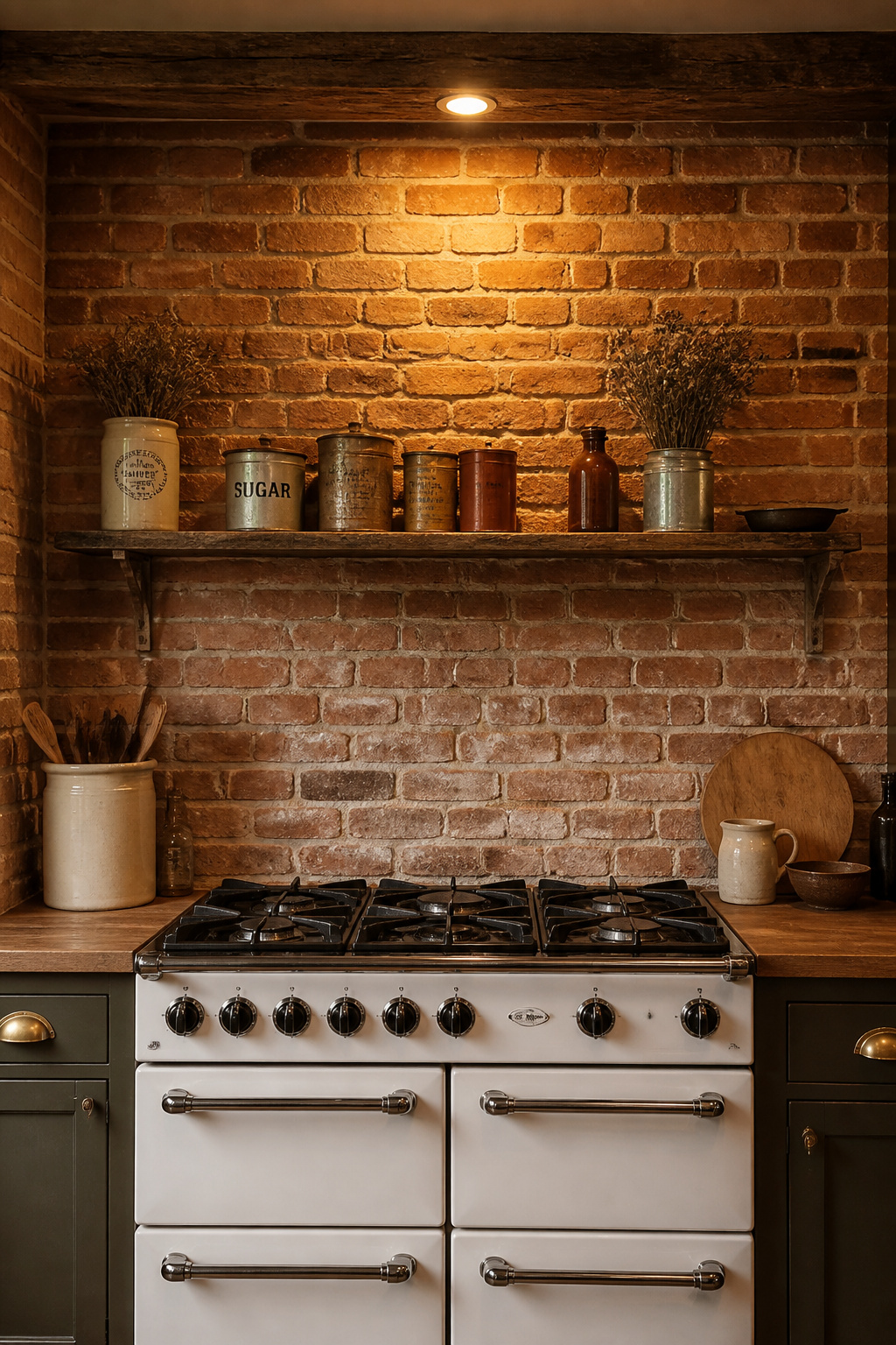 Exposed amber brick behind the range brings colour and texture that no tile can replicate — the variation in each unit is what makes the material irreplaceable.