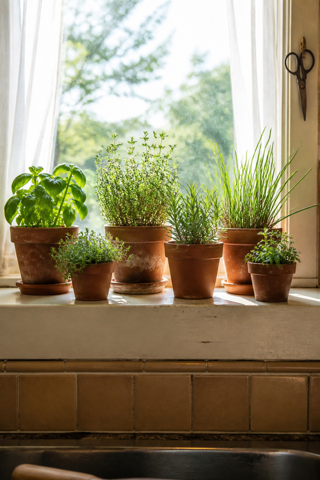Six terracotta pots of working herbs on the windowsill connect the rustic kitchen to the garden and to the practical, living purpose the style was always meant to serve.