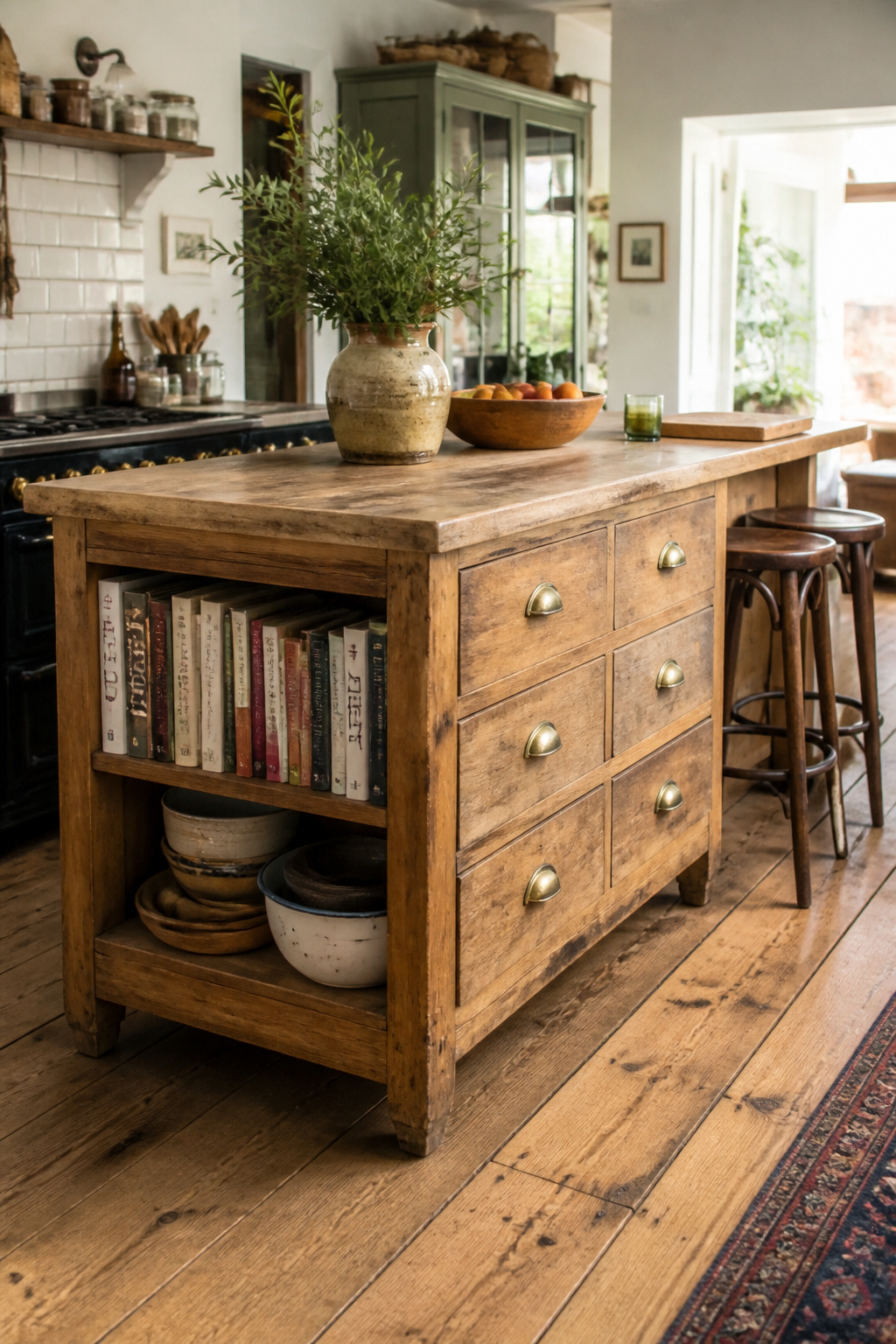 A Victorian dresser base with a new butcher block top costs less than a catalogue island and creates something no catalogue can replicate — the personality of a piece with its own history.