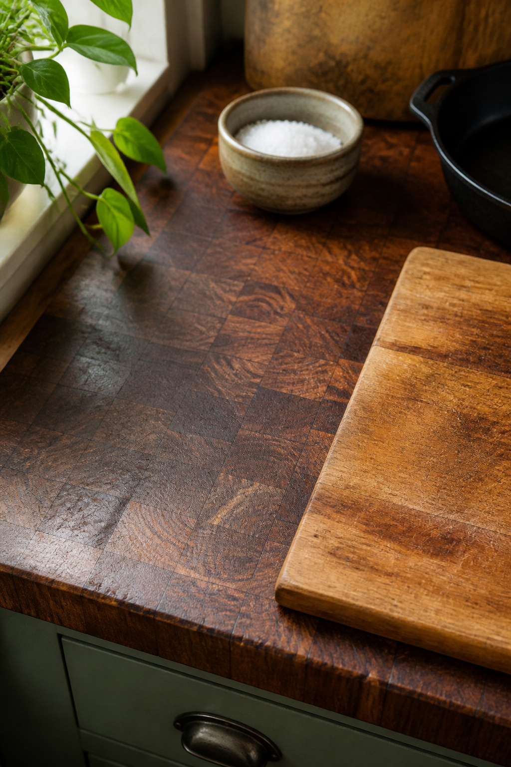 End-grain walnut develops character with every meal — the honest wear of a working surface is what separates butcher block from surfaces that only look the part.