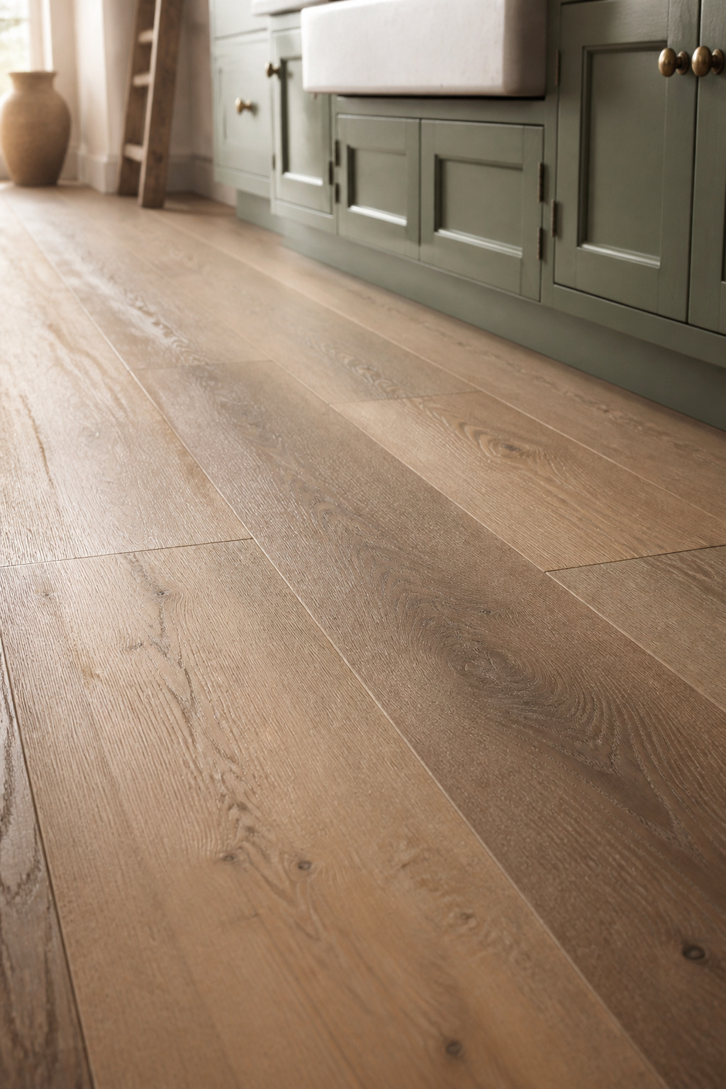 Wide-plank wire-brushed oak grounds the rustic kitchen in a way nothing else matches — the floor's scale and surface quality set the material register for everything above it.