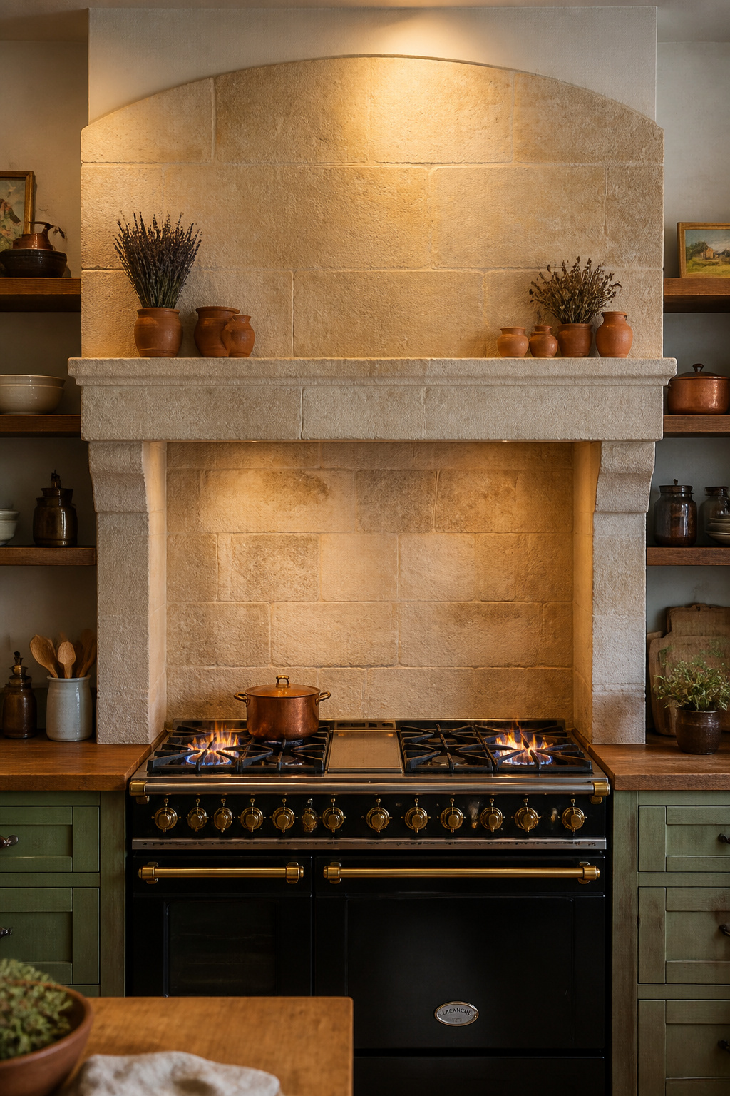 A limestone-clad range hood gives the cooking wall the permanence of architecture — the element that makes a rustic kitchen look as though it was always this way.