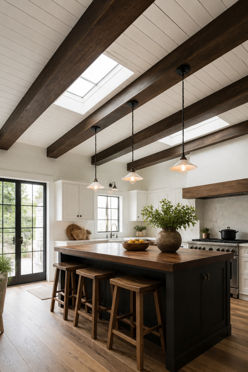 Dark beams across a white ceiling draw the eye upward and establish the rustic kitchen's character — the proportion shift alone transforms how the room feels.