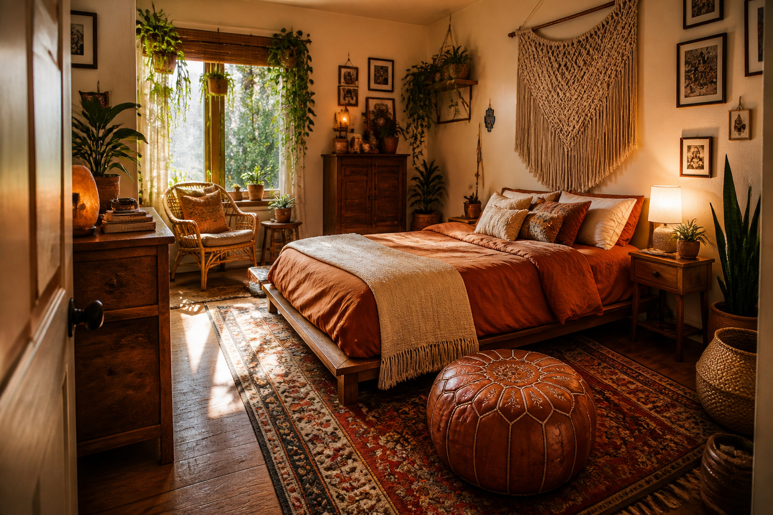 A fully realised boho bedroom with a low platform bed, vintage kilim rug, natural macramé wall hanging, and layers of earthy linen — the product of slow, thoughtful, thrift-store curation.