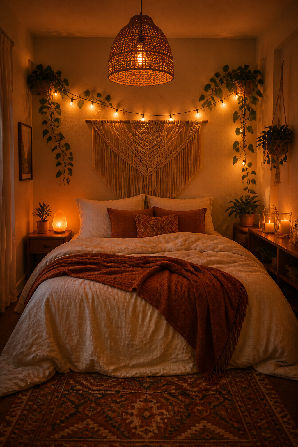 Fairy lights, a Himalayan salt lamp, and a rattan pendant with an Edison bulb create the warm layered glow that makes a boho bedroom feel truly intimate.