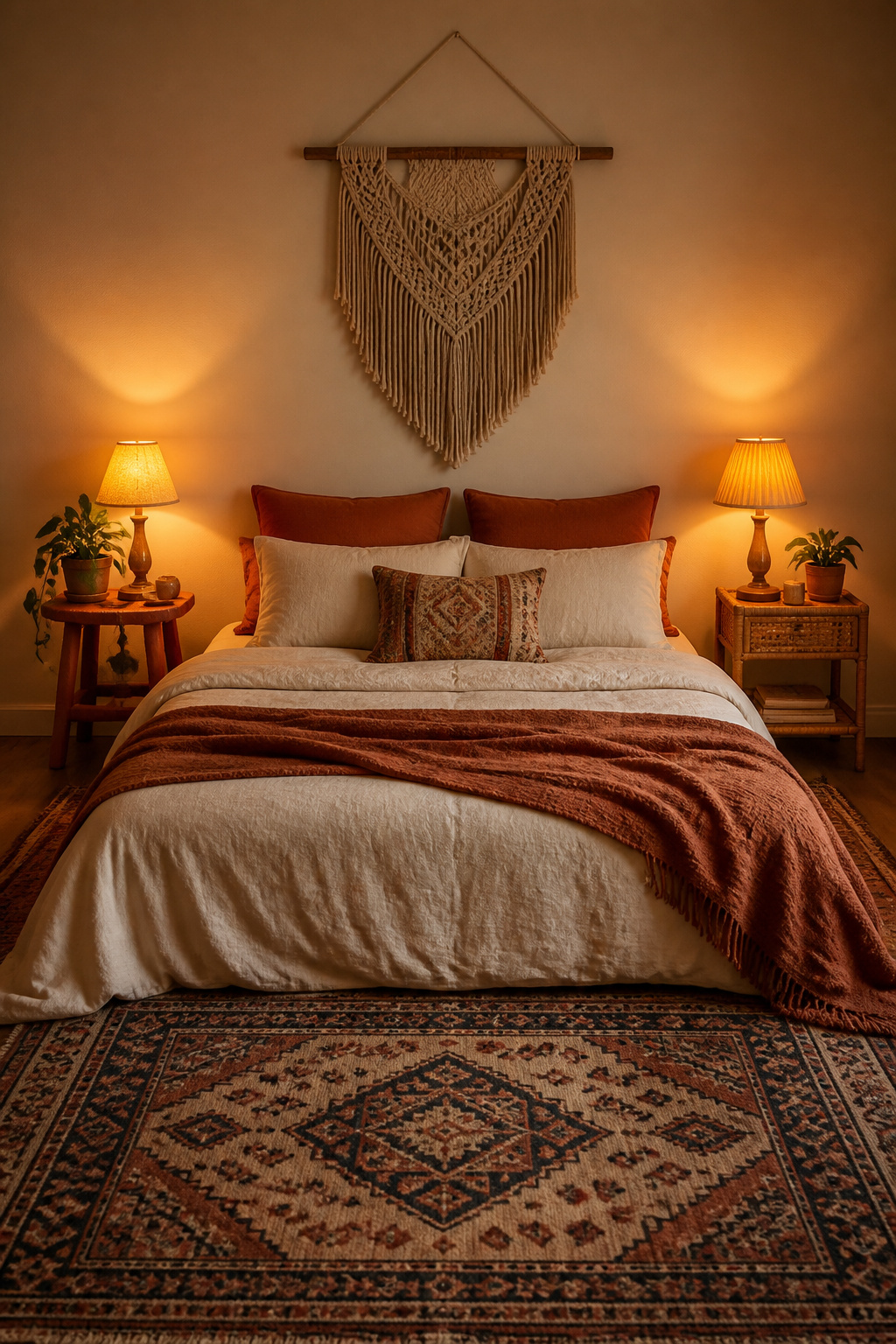 Two different vintage nightstands — a painted stool and a small rattan table — sit beside a boho bedroom bed, their mismatched characters making the pairing more interesting than any matching set.