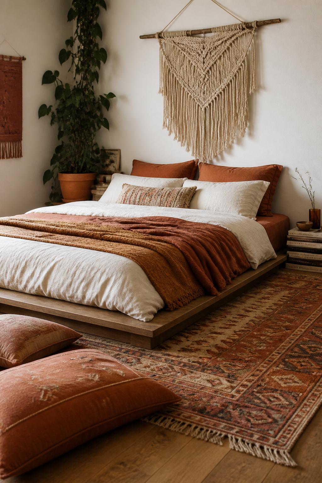 A low platform bed close to the floor anchors these boho bedroom ideas, with layered linen, floor cushions, and a kilim rug creating a grounded, unhurried atmosphere.