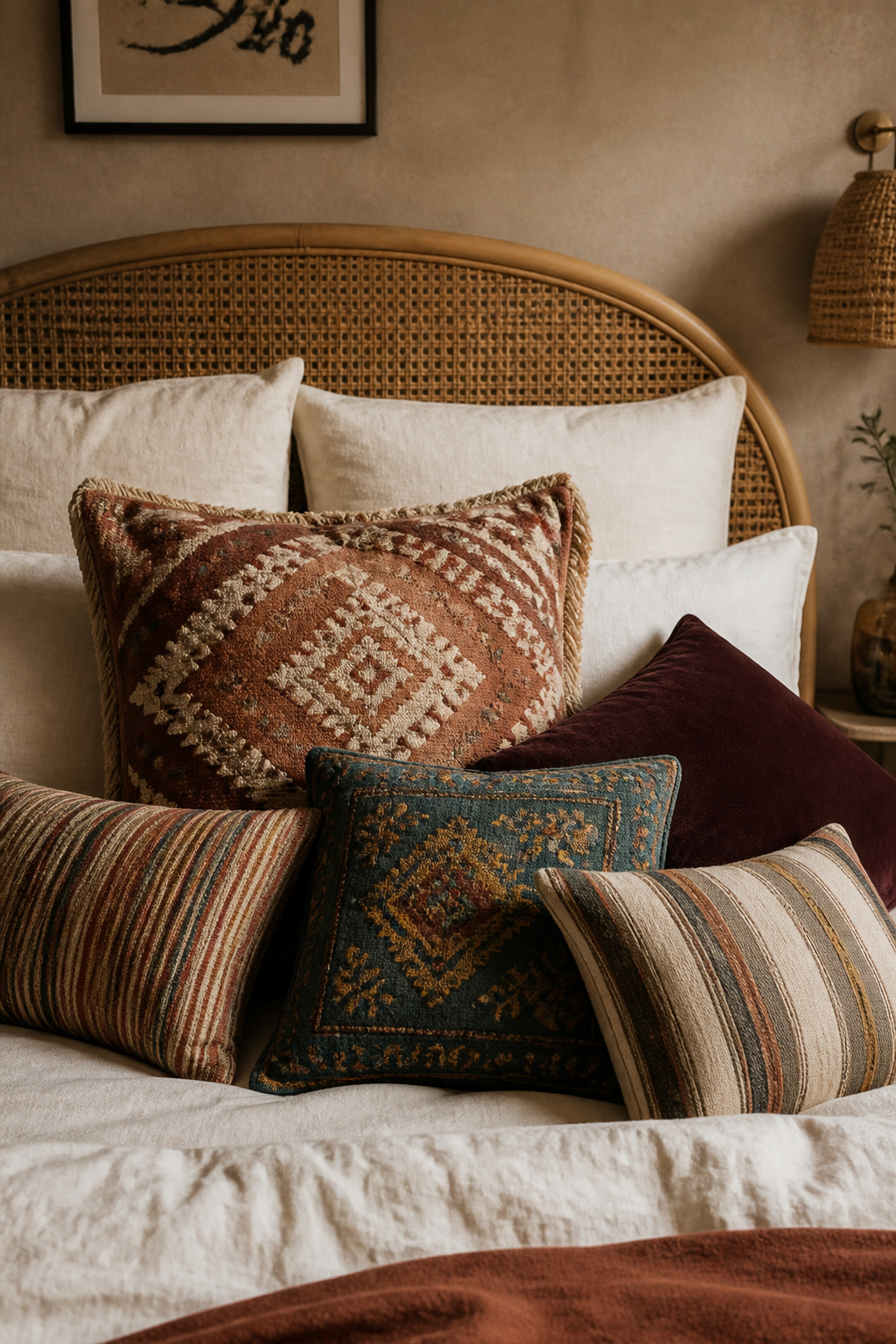 Five cushions in clashing patterns — Moroccan woven, embroidered teal, striped cotton, and velvet burgundy — layer together to create the characteristic boho bedroom pillow stack.
