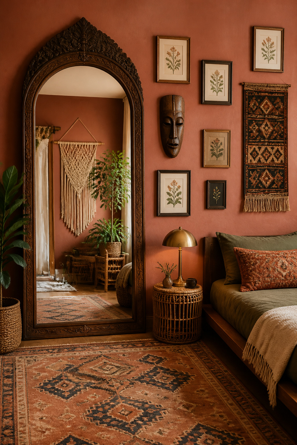 A large ornate arched vintage mirror leans beside an eclectic gallery of botanical prints and textile art, creating a wall composition that anchors this bohemian bedroom.