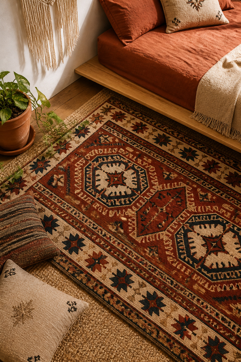 A vintage kilim rug in rust and navy geometric patterns layers over natural jute, bringing centuries of textile tradition into this boho bedroom floor.