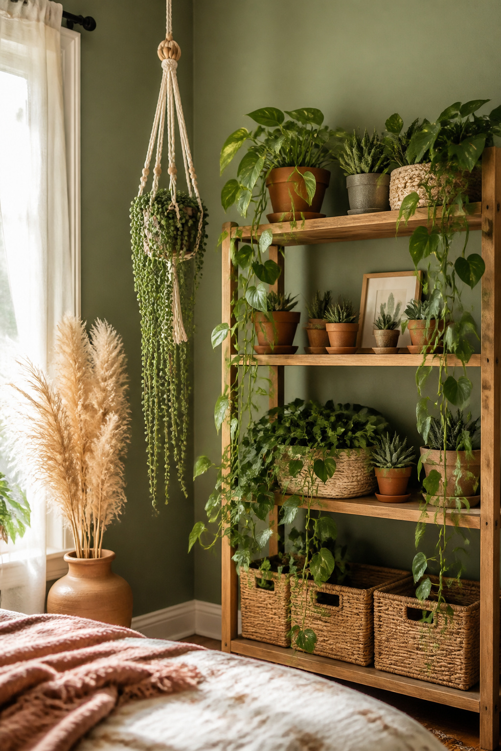 Trailing pothos and string-of-pearls plants, a macramé hanging planter, and dried pampas grass bring layered natural life to this boho bedroom.