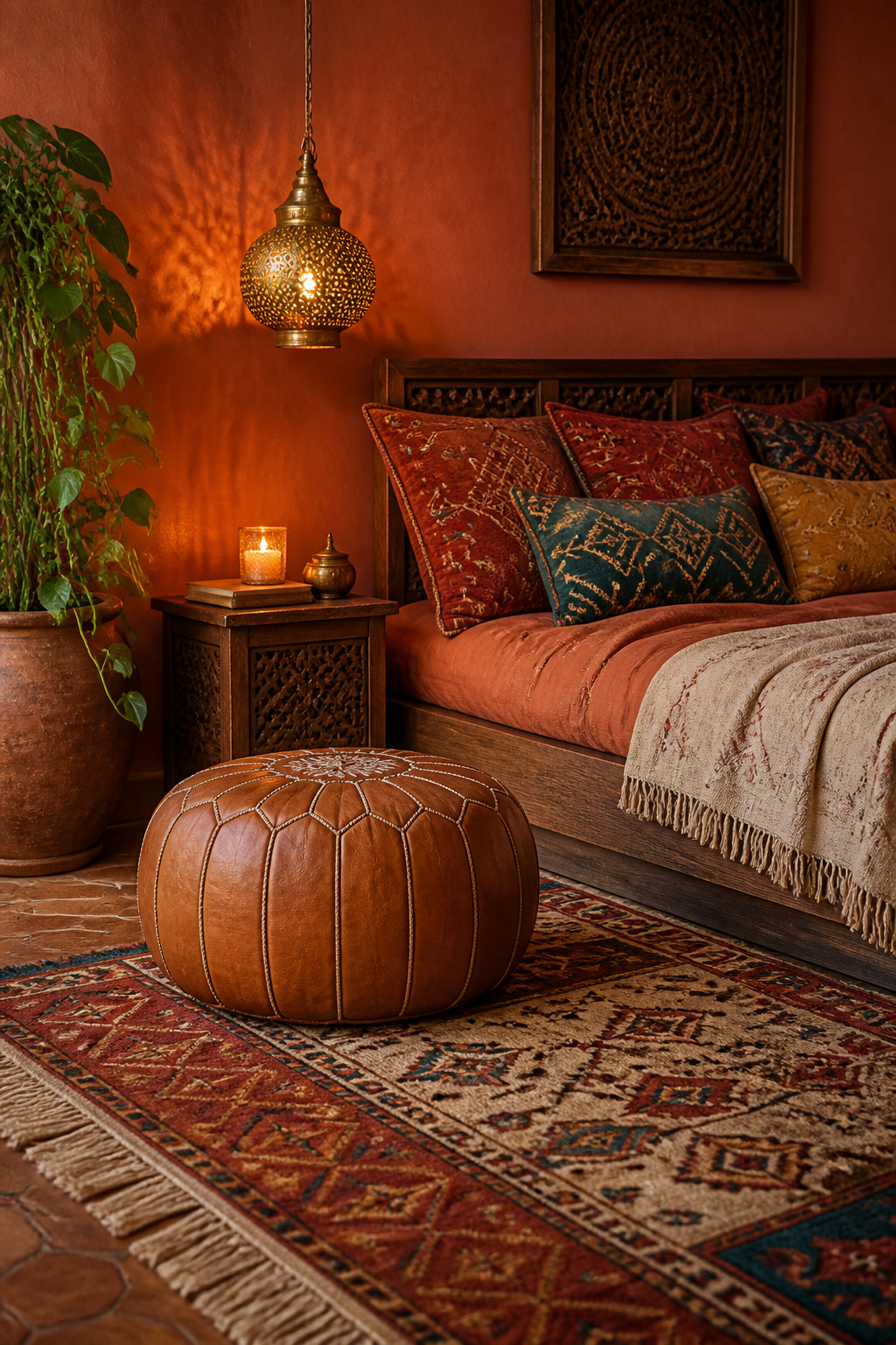 A leather Moroccan pouf and embroidered cushion covers bring authentic craft and warmth to this boho bedroom corner, with a handmade pendant lantern adding an amber glow.