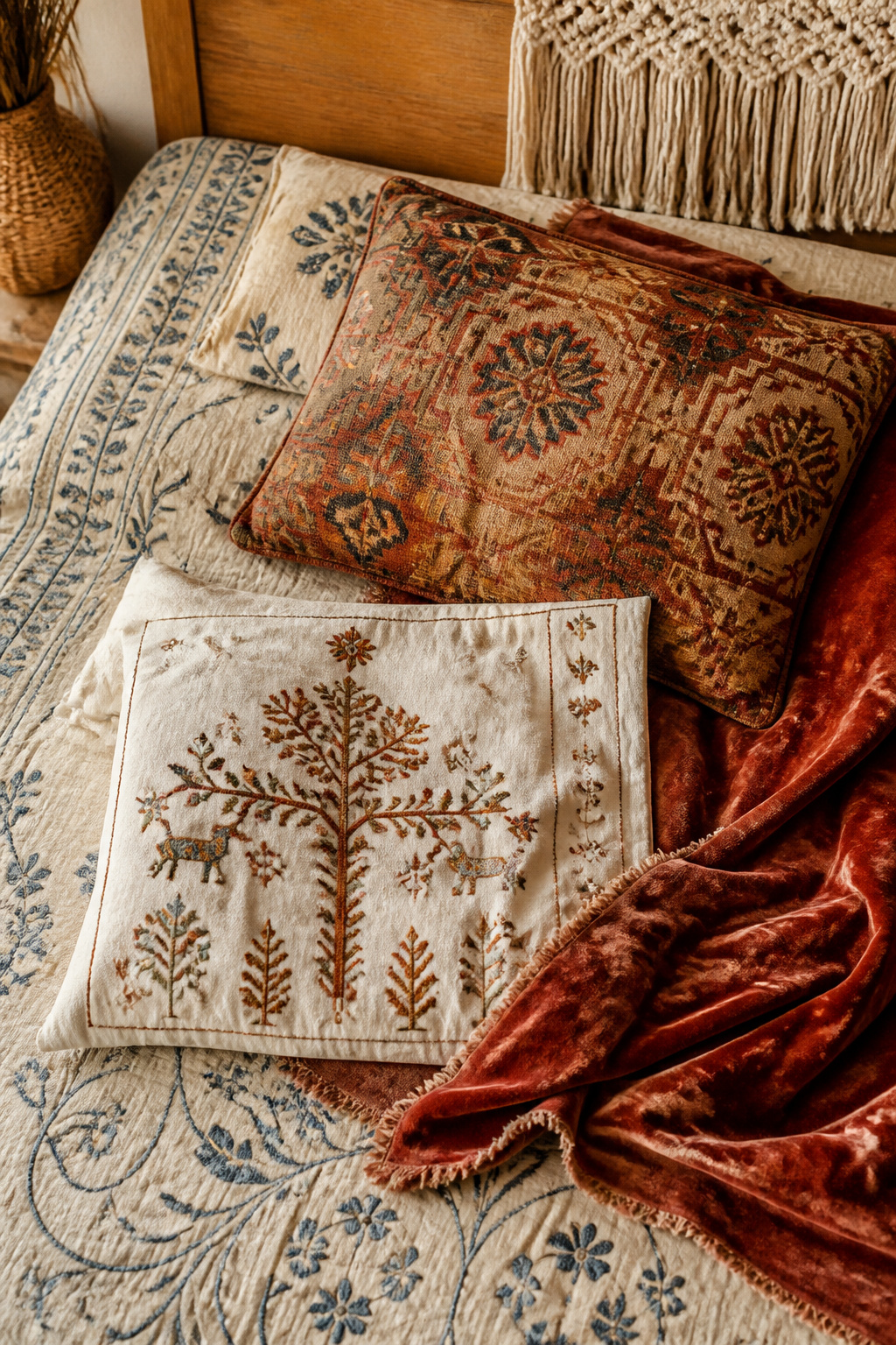 Thrift store textile finds — an embroidered bedspread, a faded kilim cushion, a velvet throw — layered together for boho bedroom inspirations that are entirely individual.