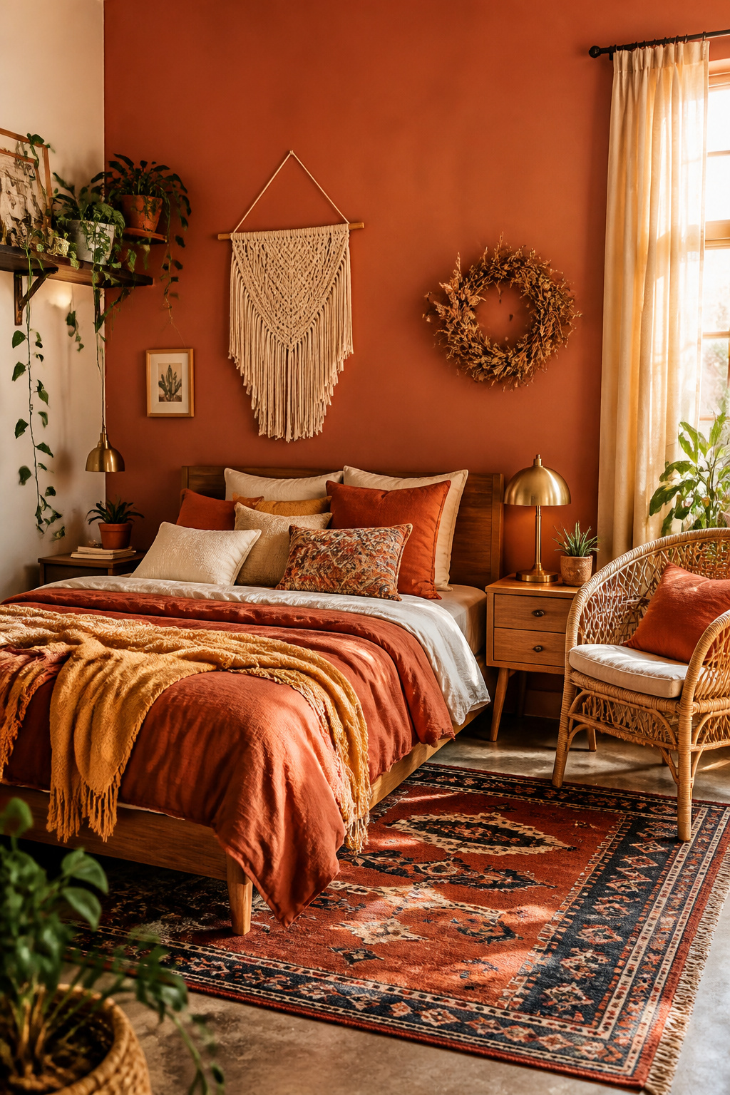 A terracotta wall sets the earthy tone for this boho bedroom, with rust and ochre linen, a vintage kilim rug, and warm brass lighting completing the grounded palette.