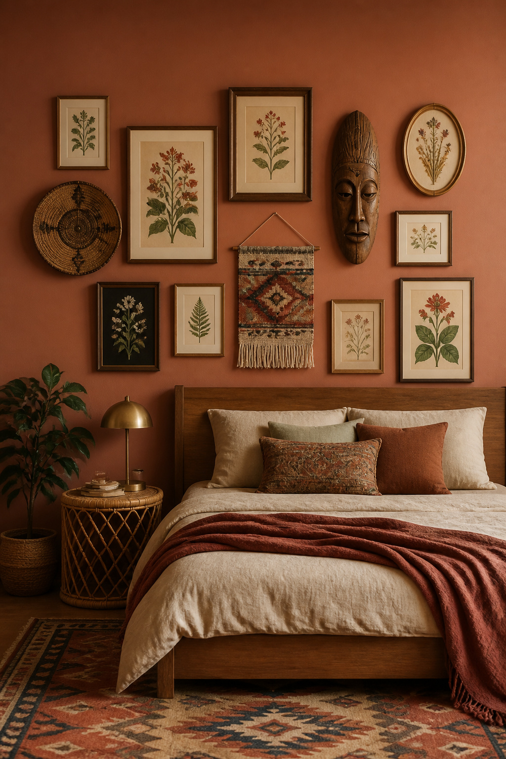An eclectic mix of vintage botanical prints, woven textiles, and found objects creates an organic gallery wall that feels genuinely collected rather than styled.