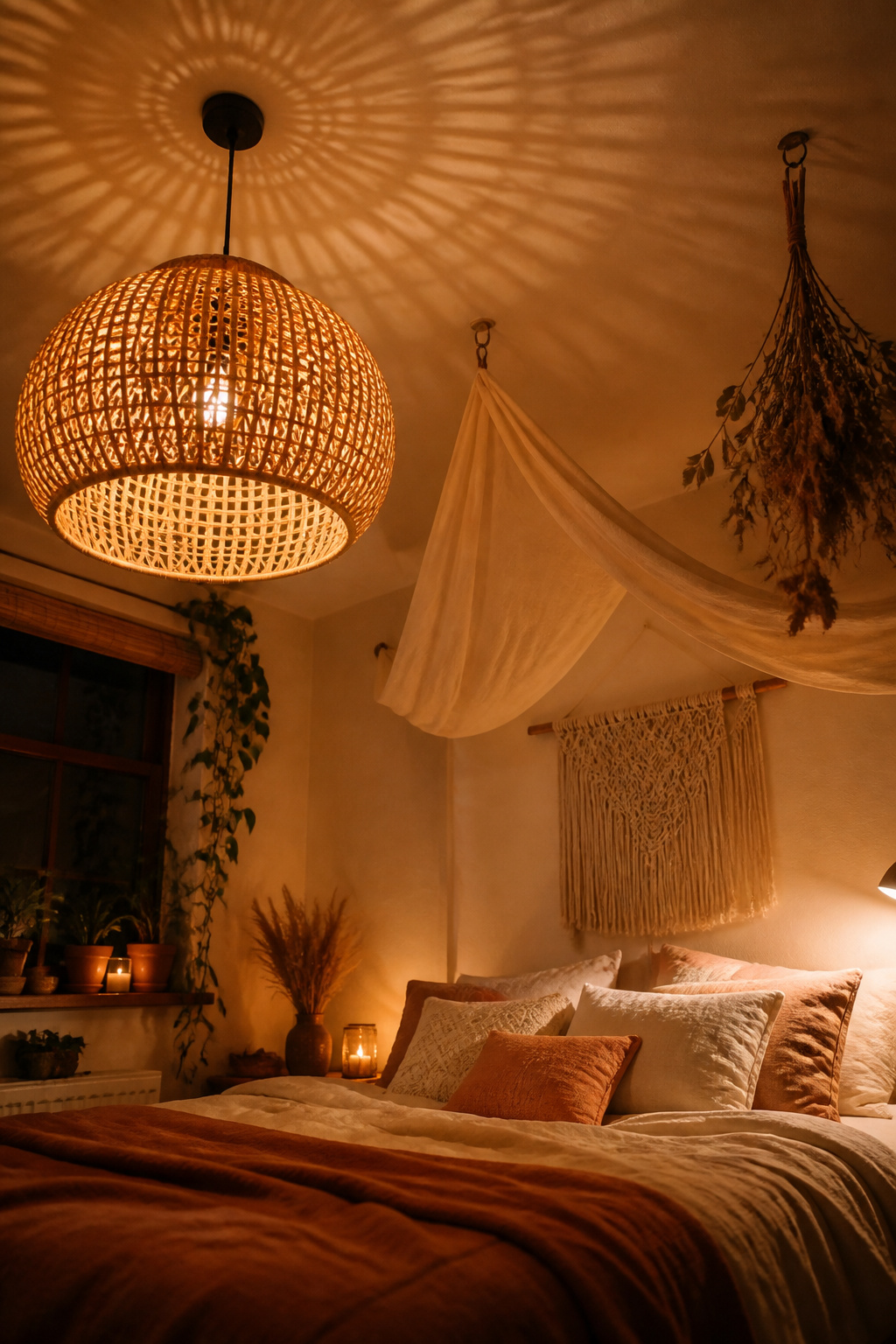 A woven rattan pendant light and a dried botanical bundle draw the eye upward in this boho bedroom, making the ceiling part of the room's design.