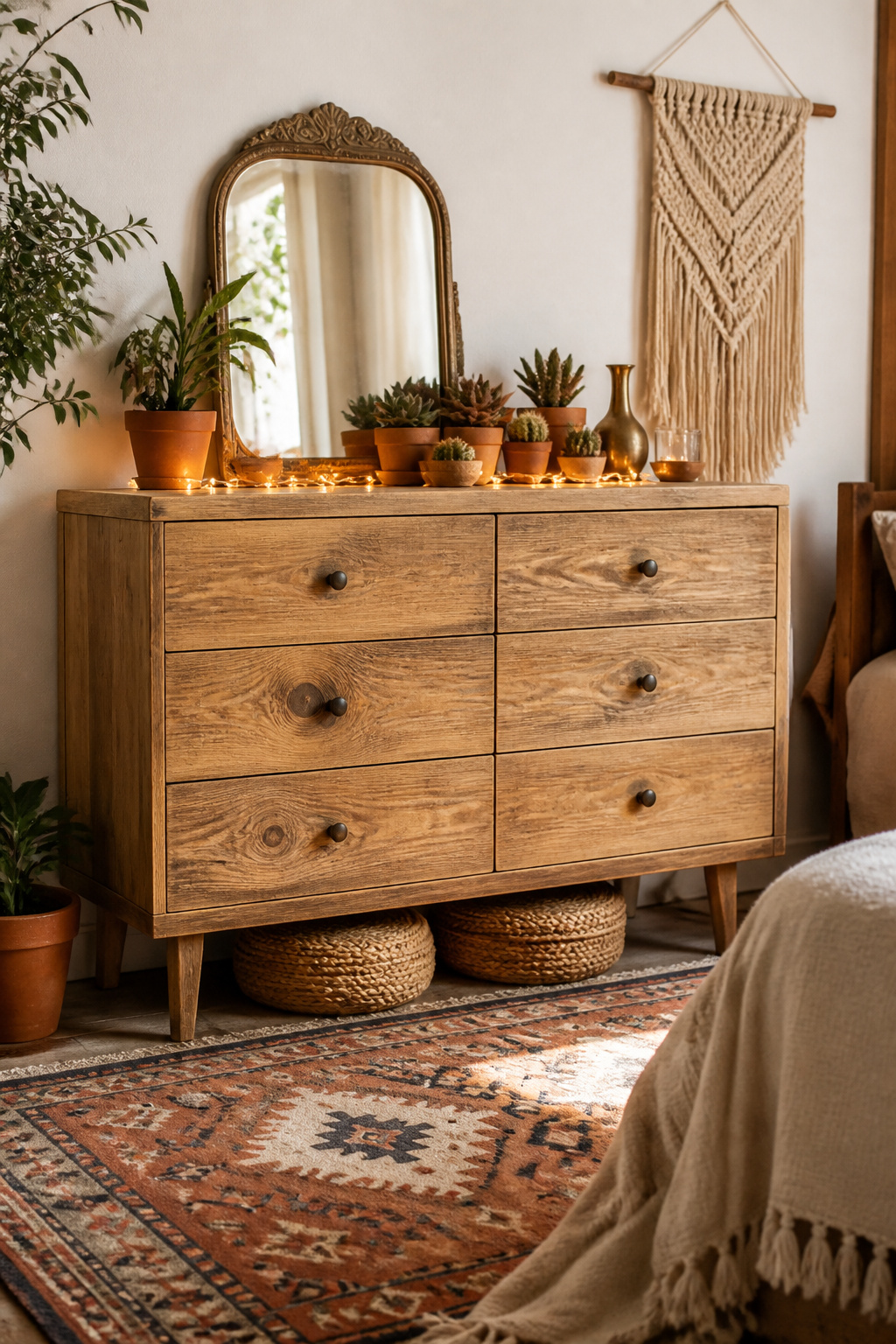 A mango wood dresser with strong natural grain and visible knots anchors this boho bedroom, styled with terracotta pots, a vintage brass mirror, and woven baskets.