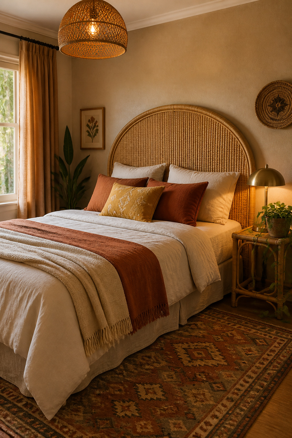 A curved natural rattan headboard adds organic texture to this boho bedroom, paired with layered linen bedding and warm amber lamp light.