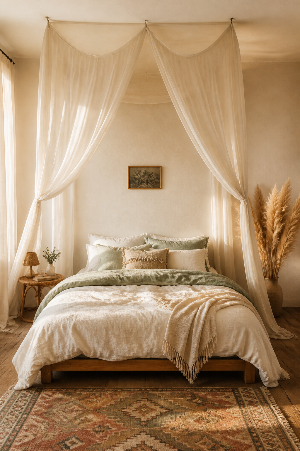 Lengths of sheer muslin fabric hang from simple ceiling hooks to create a tent-like canopy above this boho bedroom bed, filtering morning light into something dreamy.