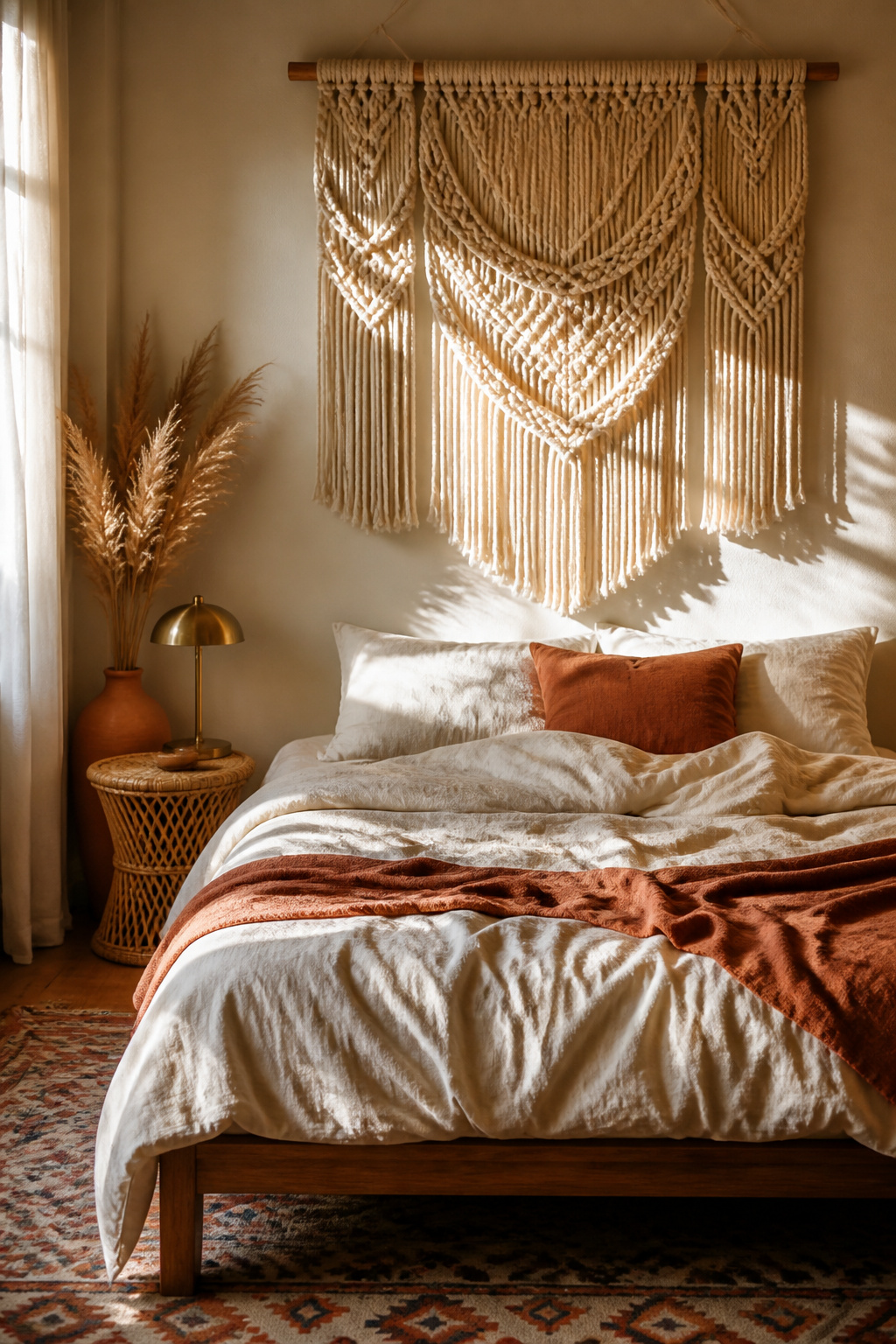 A large natural-cord macramé wall hanging anchors this boho bedroom above a low wooden bed, with warm morning light catching the texture of each knot.