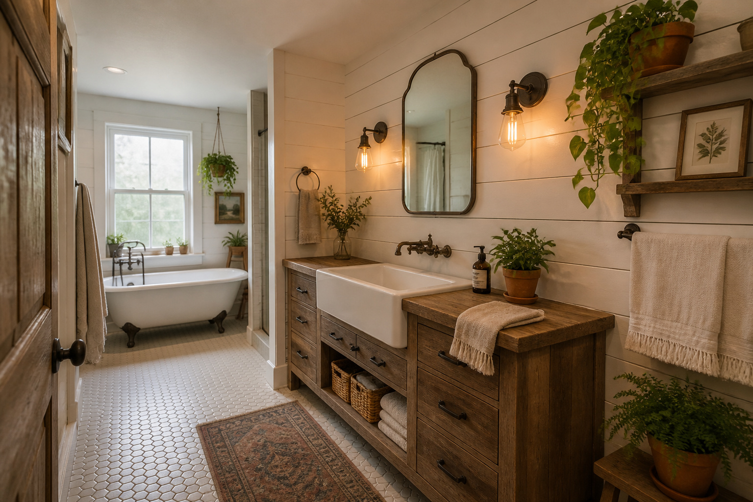 A fully realized rustic bathroom remodel combining reclaimed wood, vintage fixtures, Edison lighting, and natural plant life — the kind of space that feels built over decades even when completed in a single renovation.