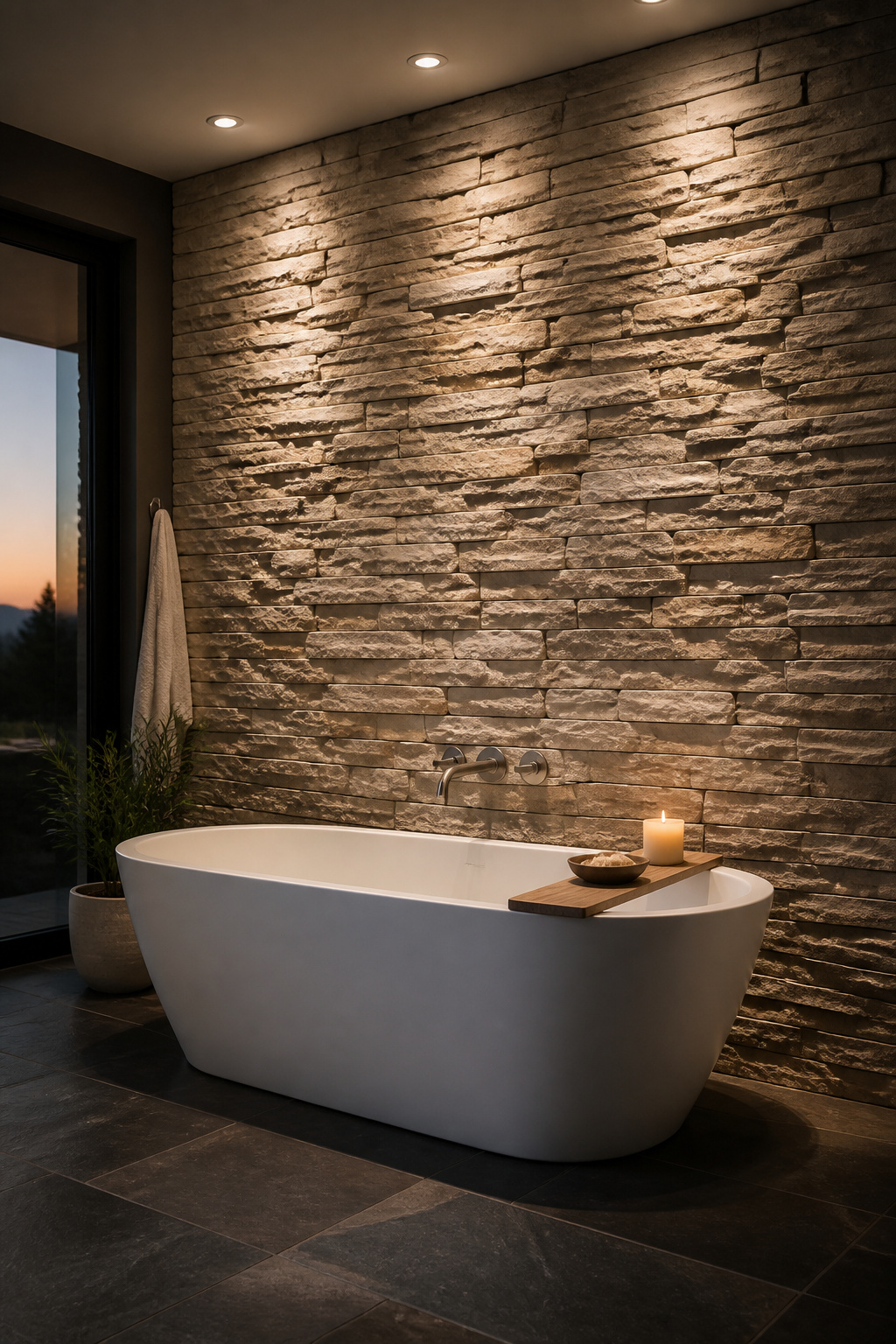 Stacked stone veneer behind a freestanding tub brings the organic texture of a mountain cabin into a modern bathroom without the structural weight of real stone.