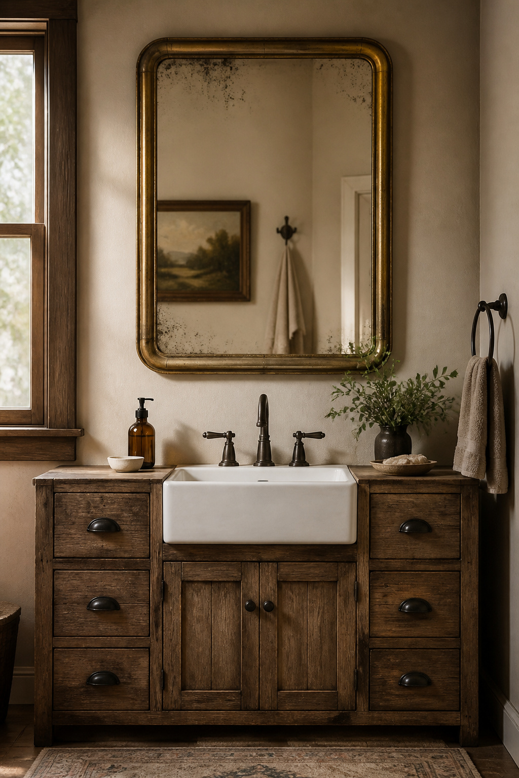 A vintage mirror with genuine foxing and oil-rubbed bronze hardware reads as curated and personal rather than assembled from a catalog — these are the finishing details that make a rustic bathroom renovation feel like it grew out of the house rather than being installed into it.