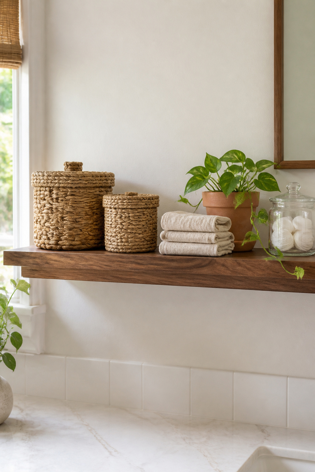 The combination of seagrass baskets, linen towels, and a small living plant on an open shelf is the styling formula for a rustic bathroom — everything in the same warm neutral palette, nothing that needs to be dusted.