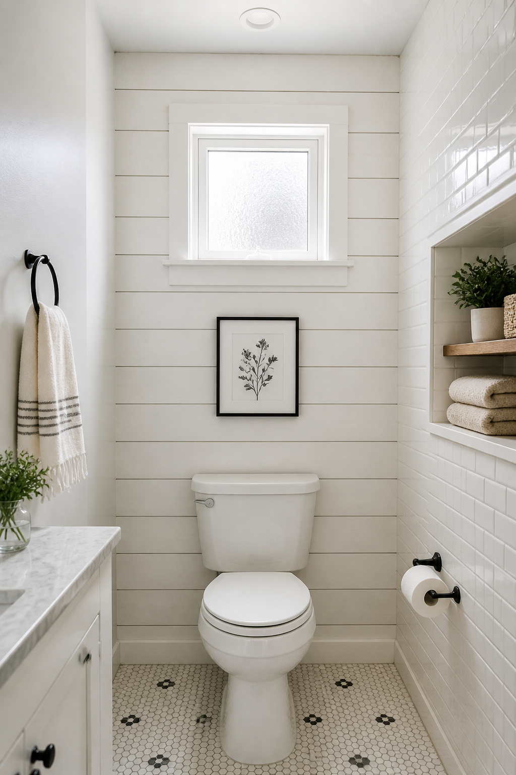 A single shiplap wall behind the toilet adds rustic texture without overwhelming a small bathroom — the painted finish keeps it bright while the board lines bring in the farmhouse character.