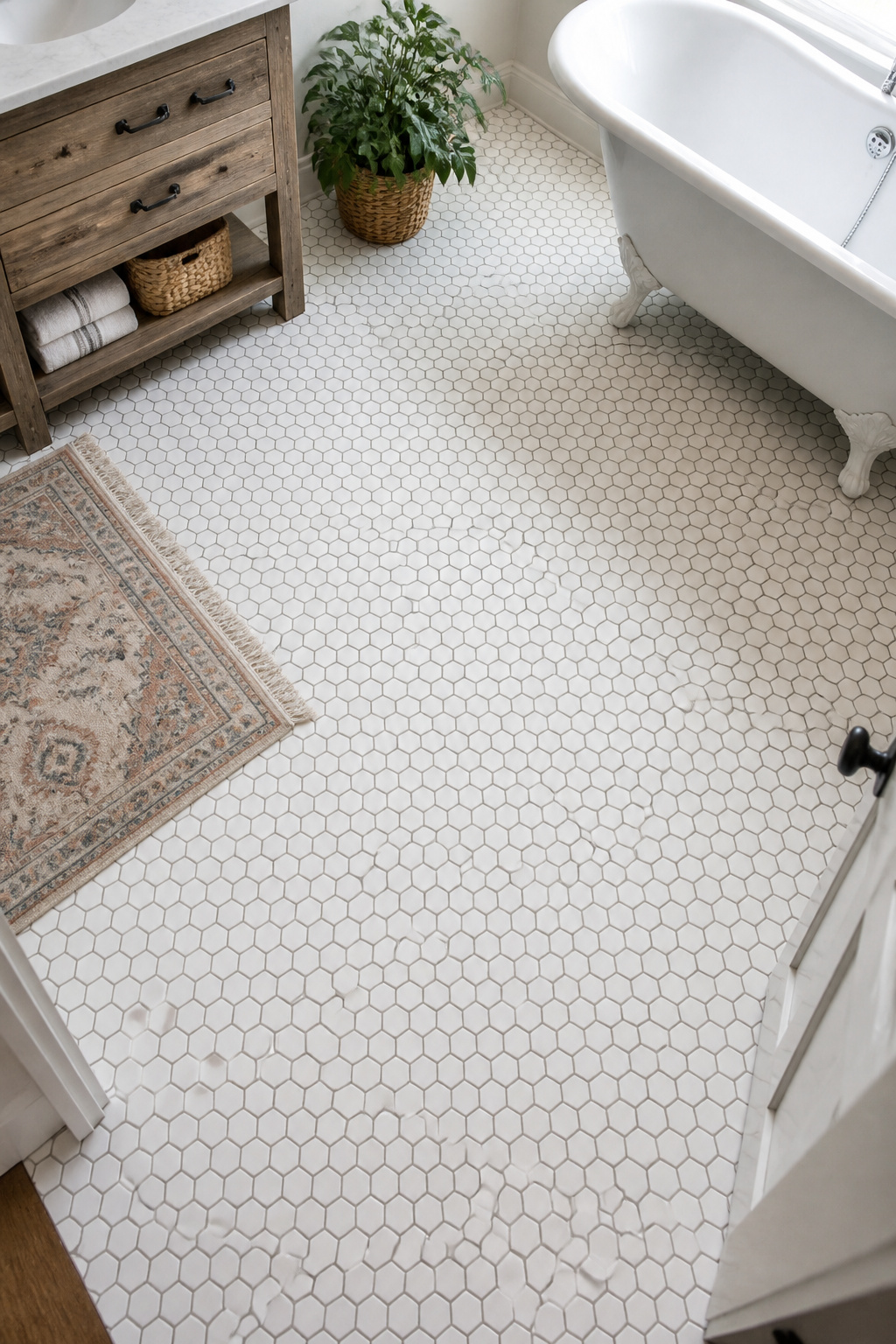 Matte white hex tile with warm gray grout creates the Victorian-era floor pattern that feels genuinely historical rather than trend-chasing — it's been in bathrooms for over a hundred years and will be for a hundred more.
