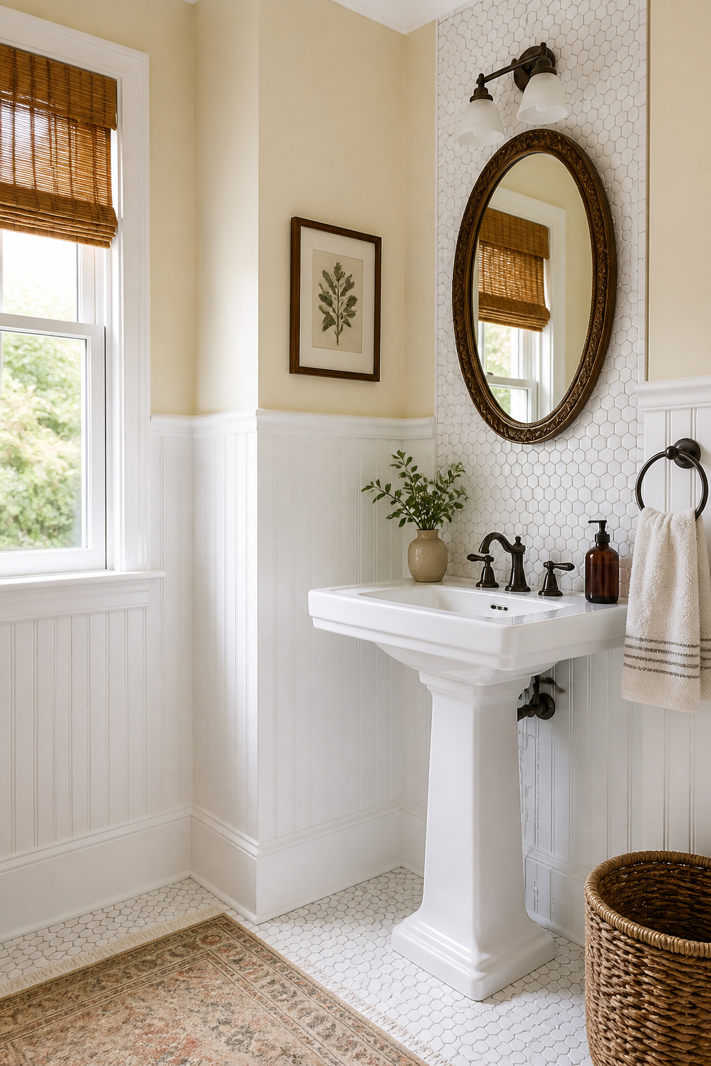 Beadboard wainscoting to chair-rail height is the foundational farmhouse-bathroom move — it defines the lower wall, adds tactile texture, and creates the horizontal line that makes any bathroom feel more considered in its proportions.