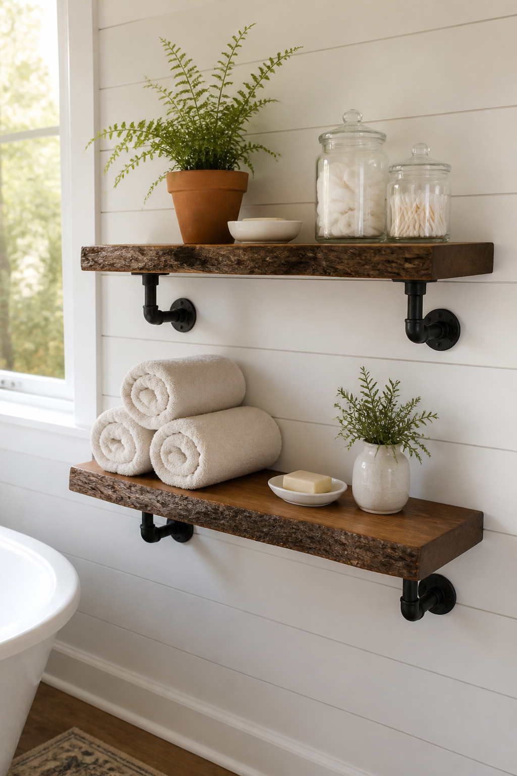 Live-edge walnut shelves on pipe brackets bring enough natural material into the bathroom that you don't need much else — the wood does the decorating, and the open format makes everything feel less like a storage closet.