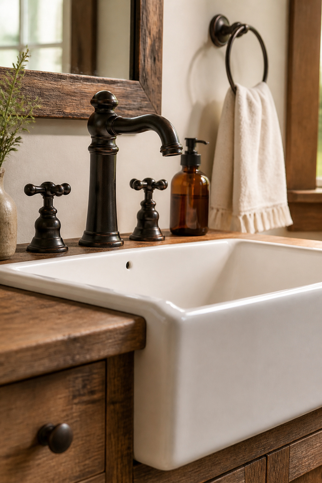 Oil-rubbed bronze faucets and matching hardware pull a rustic bathroom remodel together at the finishing stage — the warm, dark finish unifies reclaimed wood, stone, and natural textiles in a way that chrome never manages.