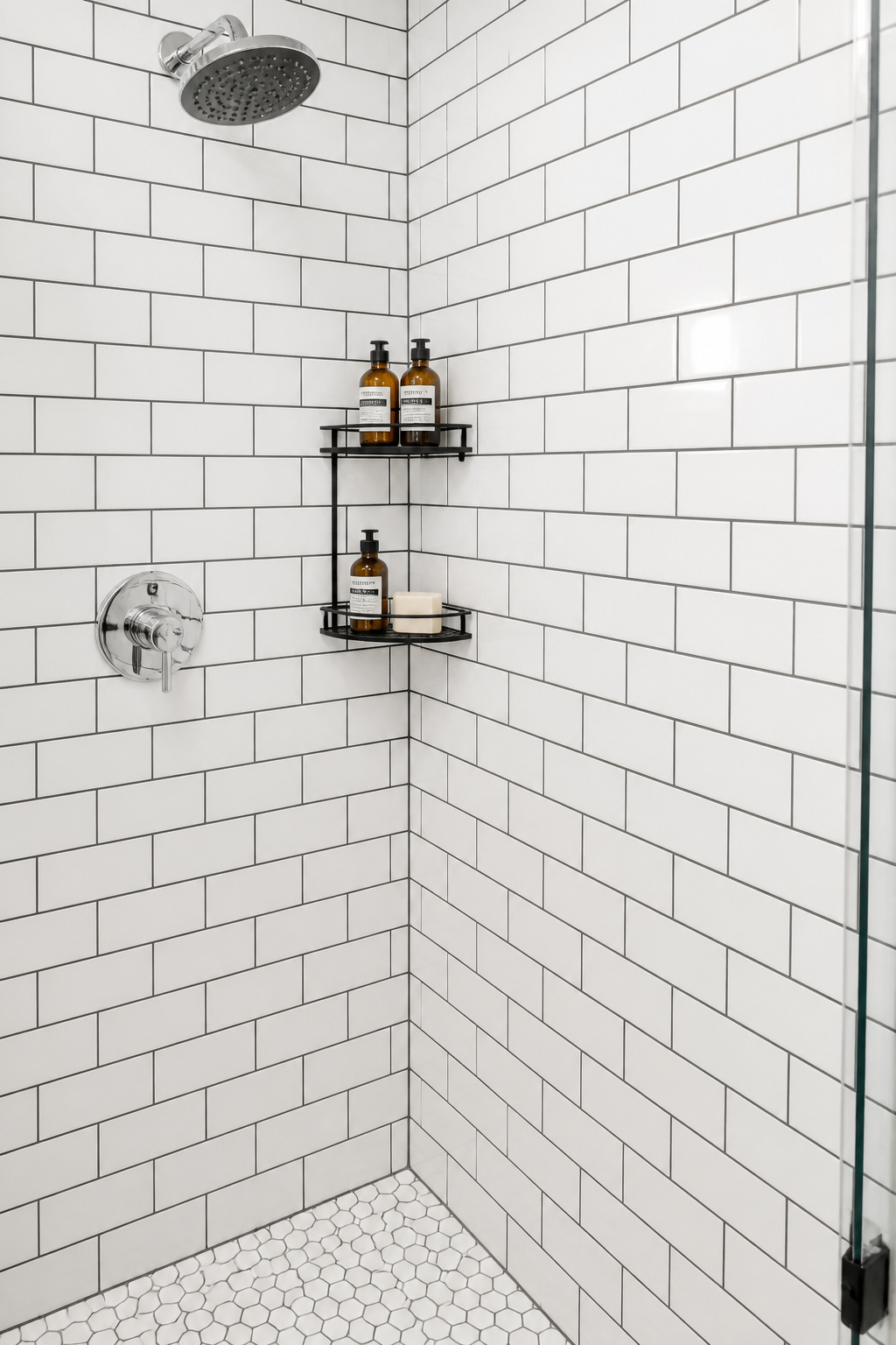 White subway tile with charcoal grout creates the vintage grid pattern that reads as authentically old-fashioned without any other period-specific detail — it's the single highest-impact, lowest-cost change in a bathroom renovation.