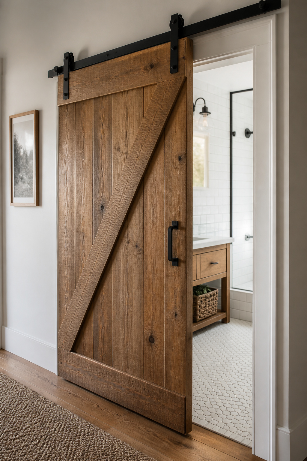 A sliding barn door solves both the space problem of a swing door and the style problem of a plain hollow-core interior door in one move — the Z-brace face transforms any solid-core blank into a character piece.