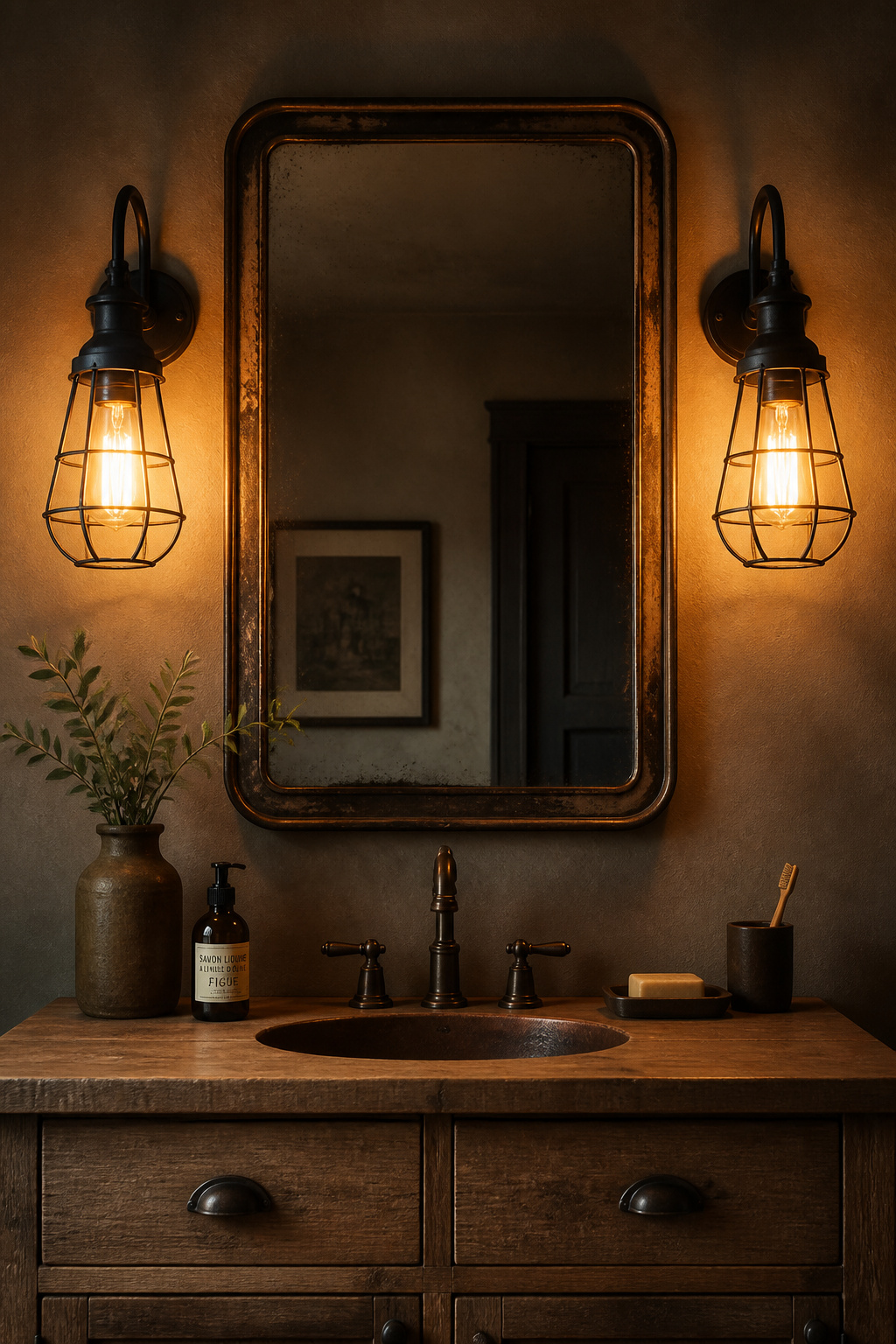 Flanking iron sconces with Edison bulbs at eye level eliminate the unflattering shadows that overhead vanity lighting creates — the warm amber light at this height is genuinely the most flattering lighting a bathroom can have.