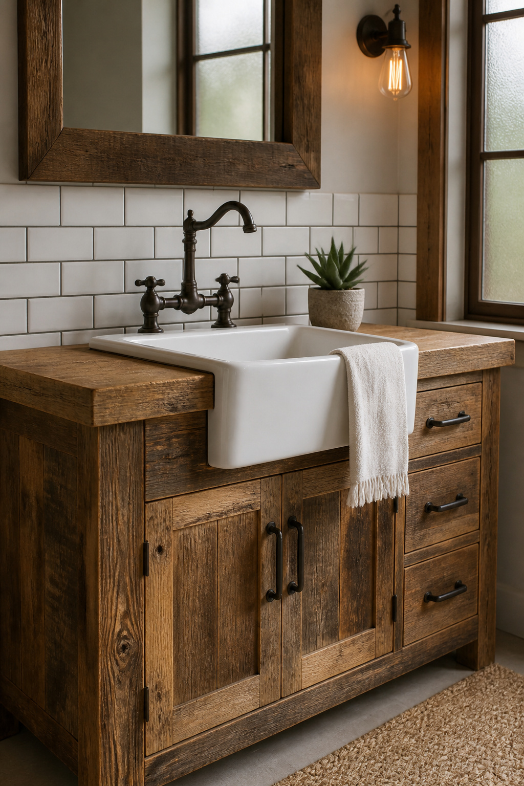 A reclaimed wood vanity with an apron-front farmhouse sink creates the foundation of a genuinely rustic bathroom — the wood grain does the decorative work so you don't need to over-style the shelves.