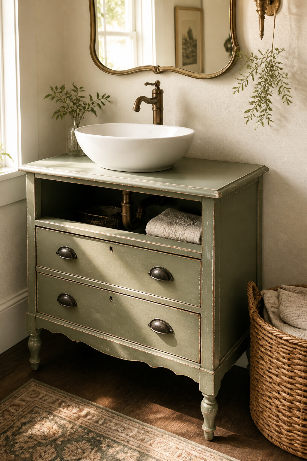 A thrift-store dresser converted into a bathroom vanity costs a fraction of a purpose-built cabinet and has proportions and personality that no plumbing aisle catalog can replicate — the conversion process is manageable in a weekend with basic tools.