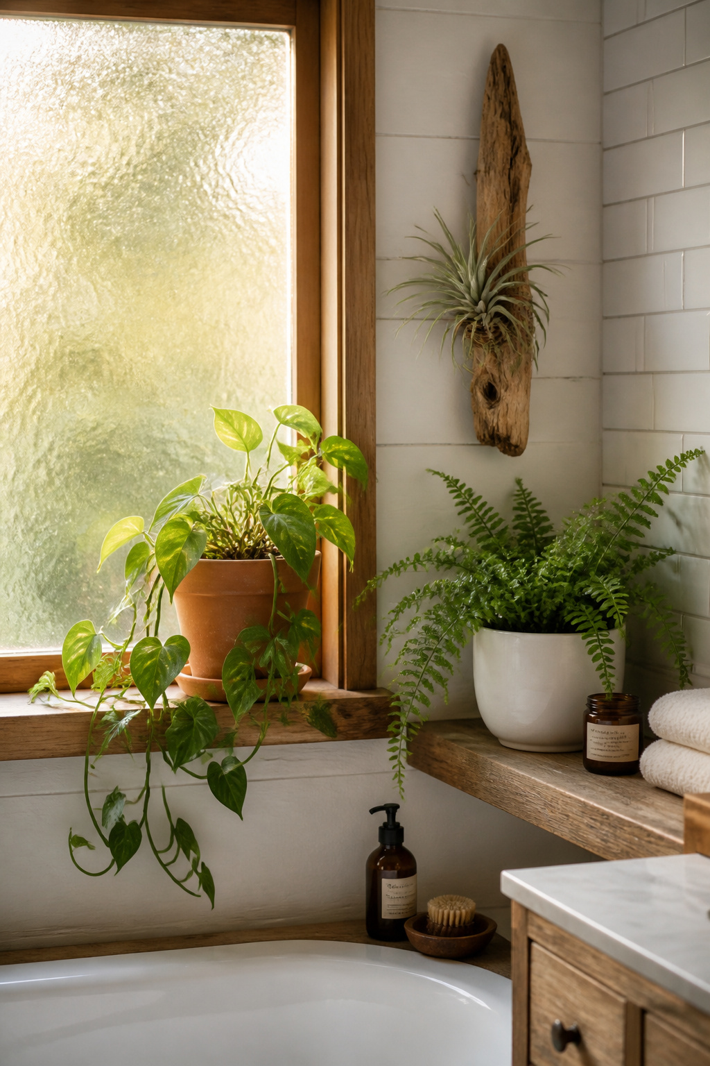 A trailing pothos in a terracotta pot, a Boston fern on the shelf, and an air plant on driftwood are the three plants that will survive a bathroom — together they create the organic warmth that no styling trick can replicate.