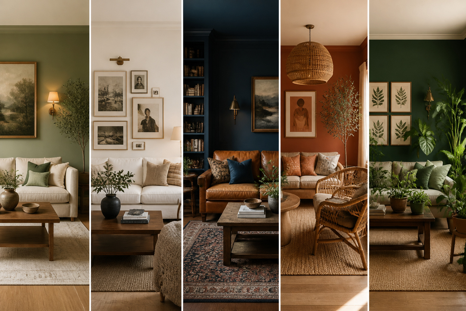 Five living room paint color families — each shown styled and lit to demonstrate how dramatically the right wall color transforms how a room feels to spend time in.