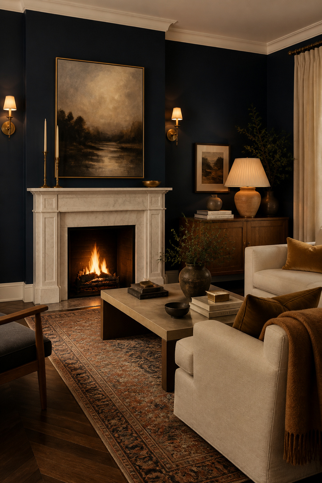 A deep navy statement wall anchors the room with quiet drama — its depth amplified by warm brass, cream linen, and the glow of evening light.