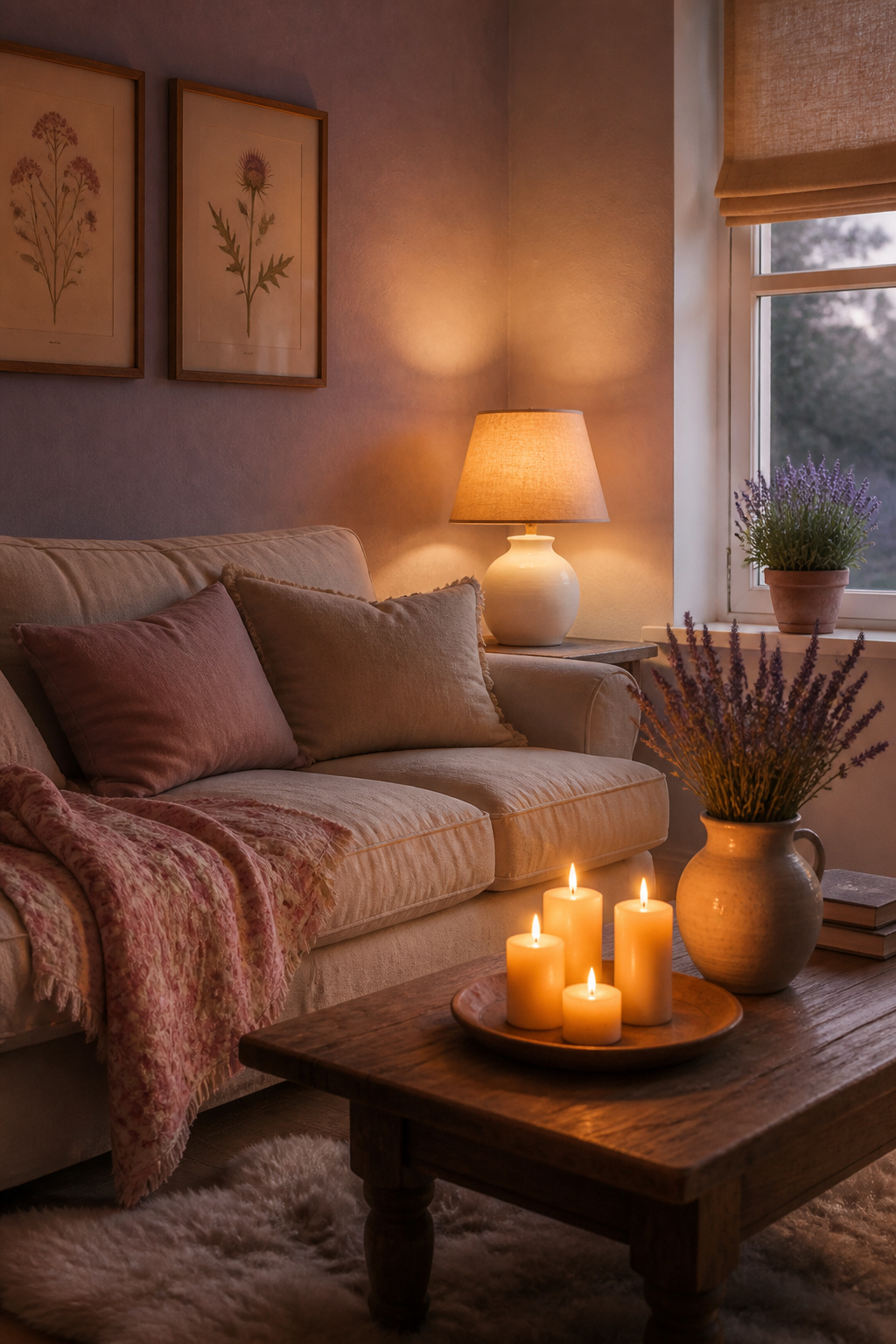 Soft lavender walls in evening light create a living room that feels like a destination for rest — the kind of space you choose to spend time in, rather than simply passing through.