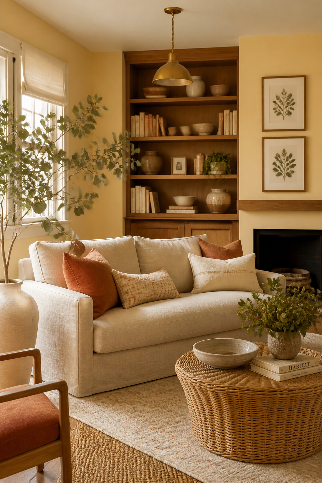 Butter yellow walls compensate for the absence of direct sunlight in a north-facing room — the space glows with borrowed warmth even on a grey day.