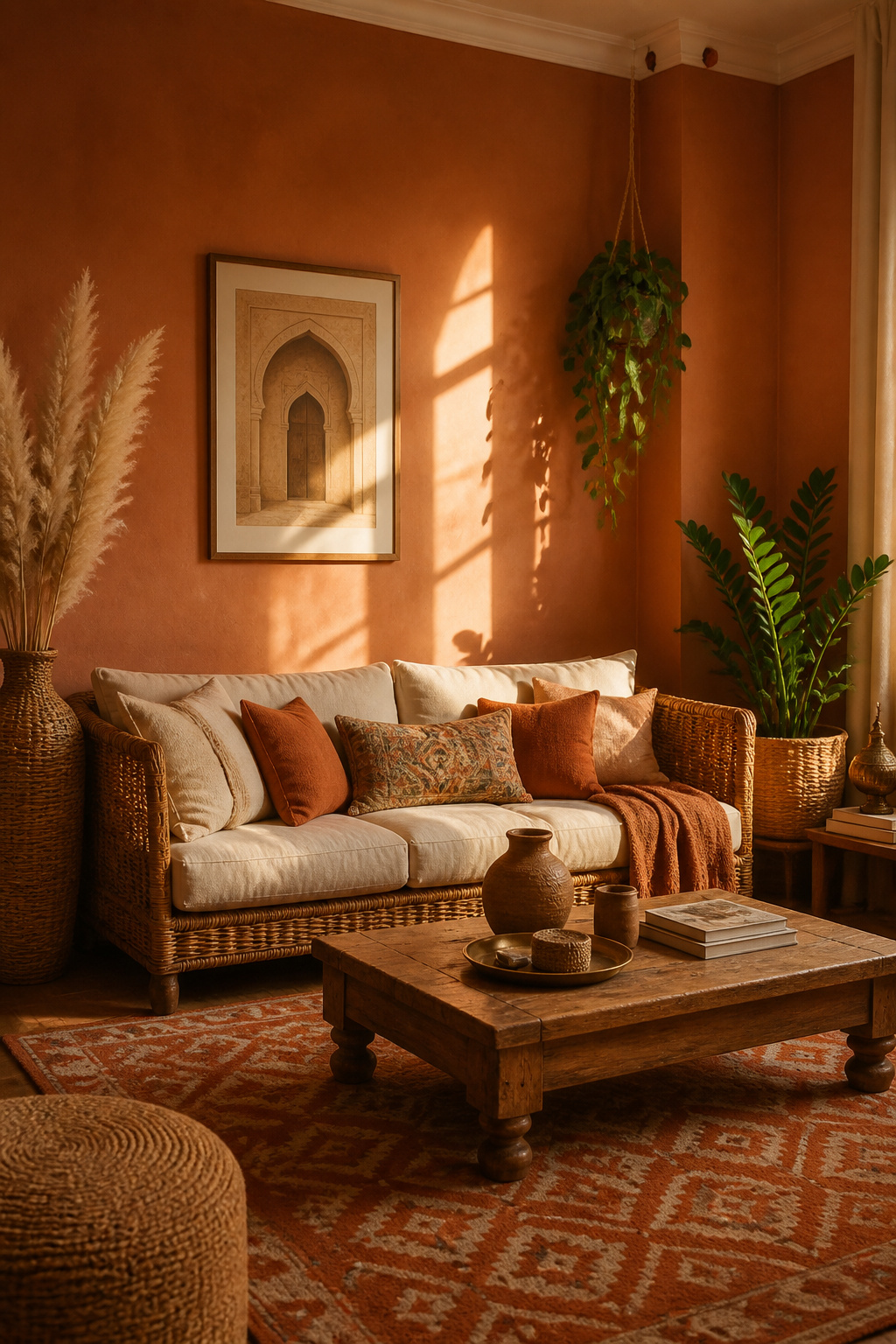 Warm terracotta walls glow in afternoon light, surrounding a room full of natural materials and handmade objects with an instinctive sense of shelter.