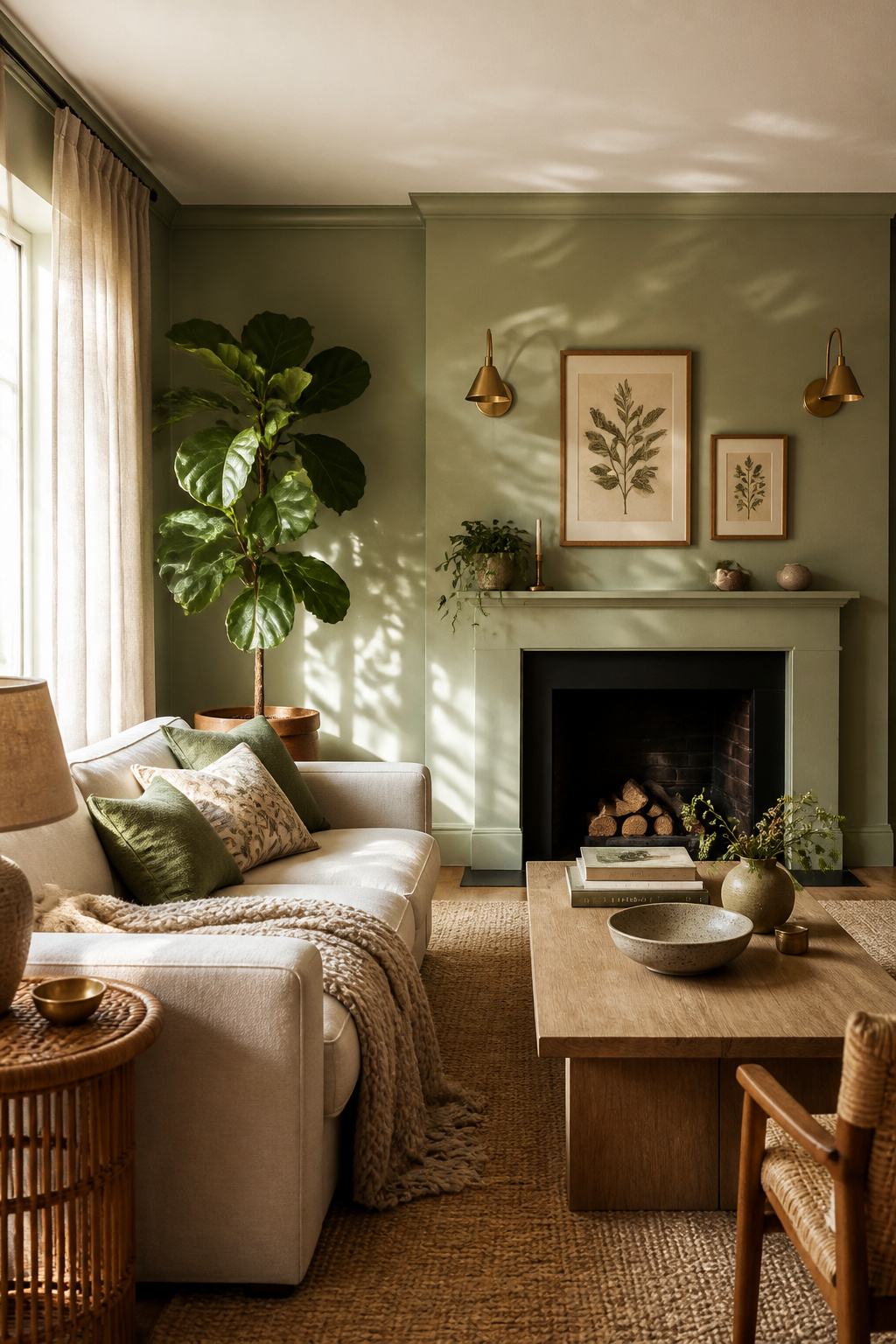 Soft sage green walls in an eggshell finish, paired with natural oak and cream linen, create the kind of living room you genuinely don't want to leave.