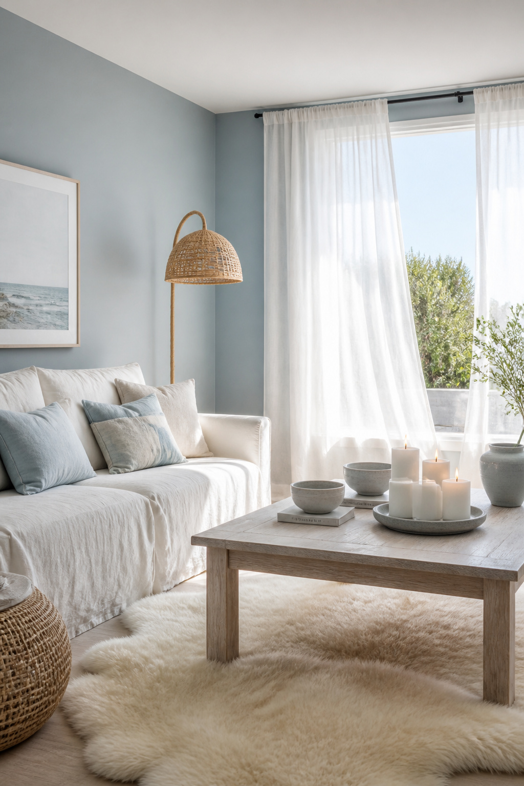 Dusty blue walls in a north-facing living room bring the quality of clear coastal daylight indoors — calm, clean, and genuinely peaceful to spend time in.
