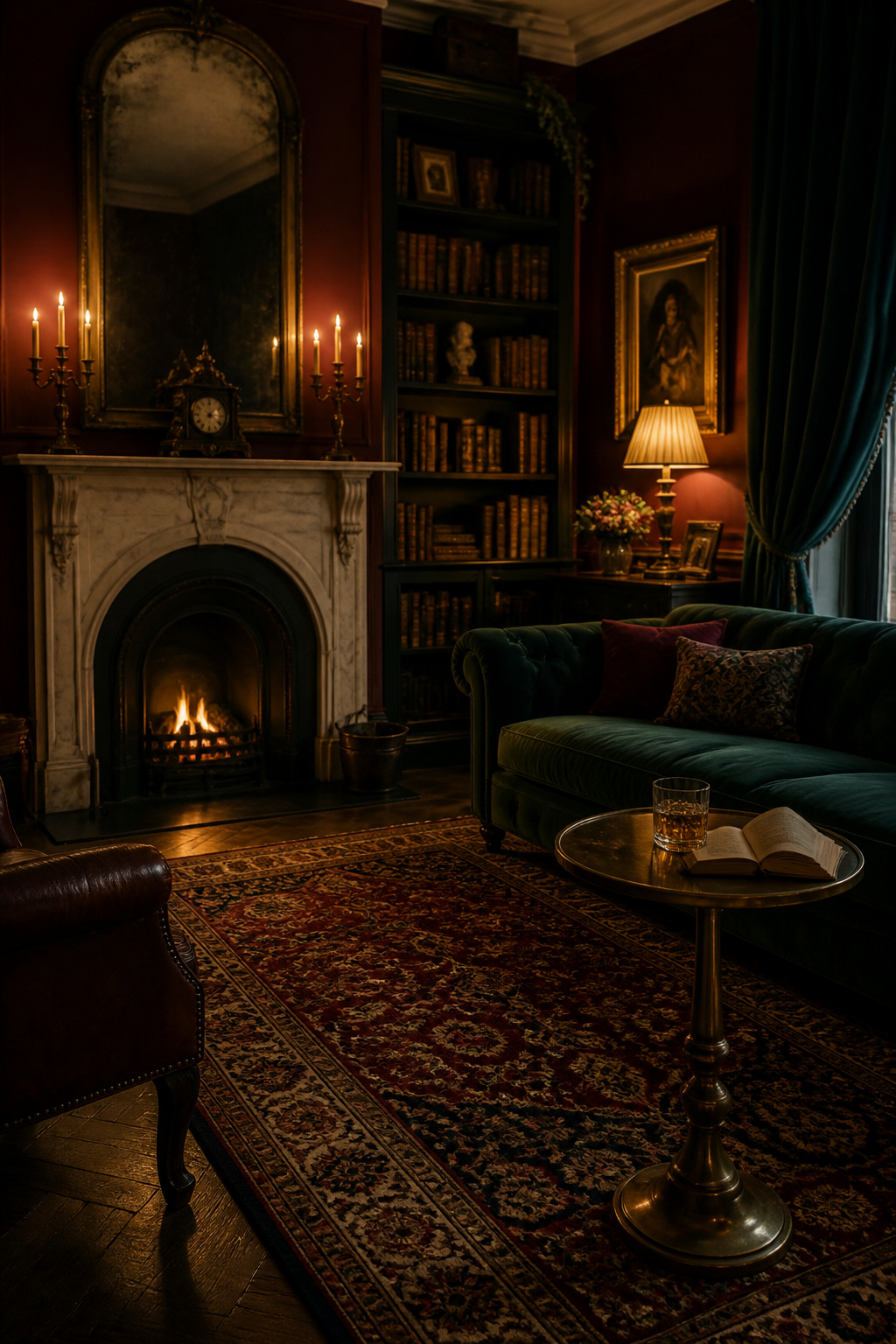 Burgundy walls enclose this living room with the warmth of something ancient and intentional — the kind of room that improves with evening and gets better every year.