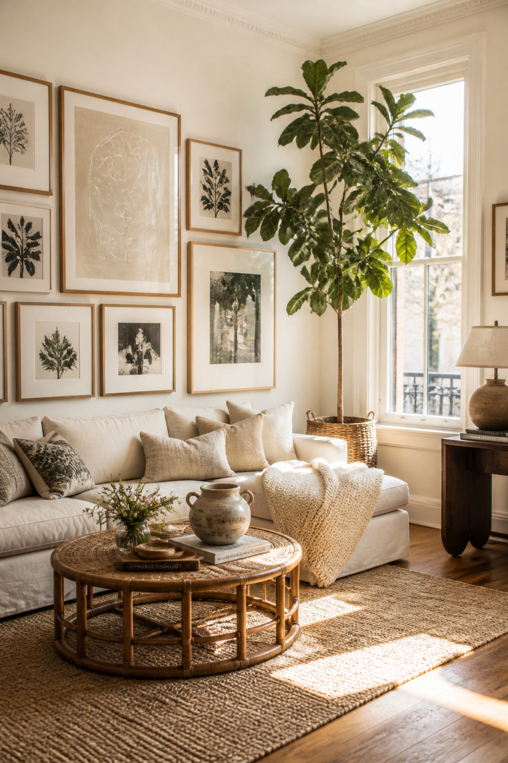 Warm white walls let the room's art, textiles, and natural materials take centre stage — a foundation that works in every style and in every light.